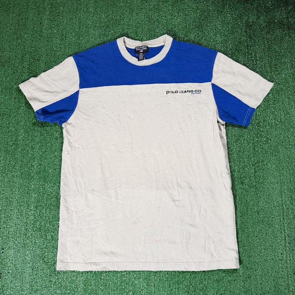 Vintage Polo Jeans Co. Ralph Lauren Color Block T-Shirt Size Medium Blue White